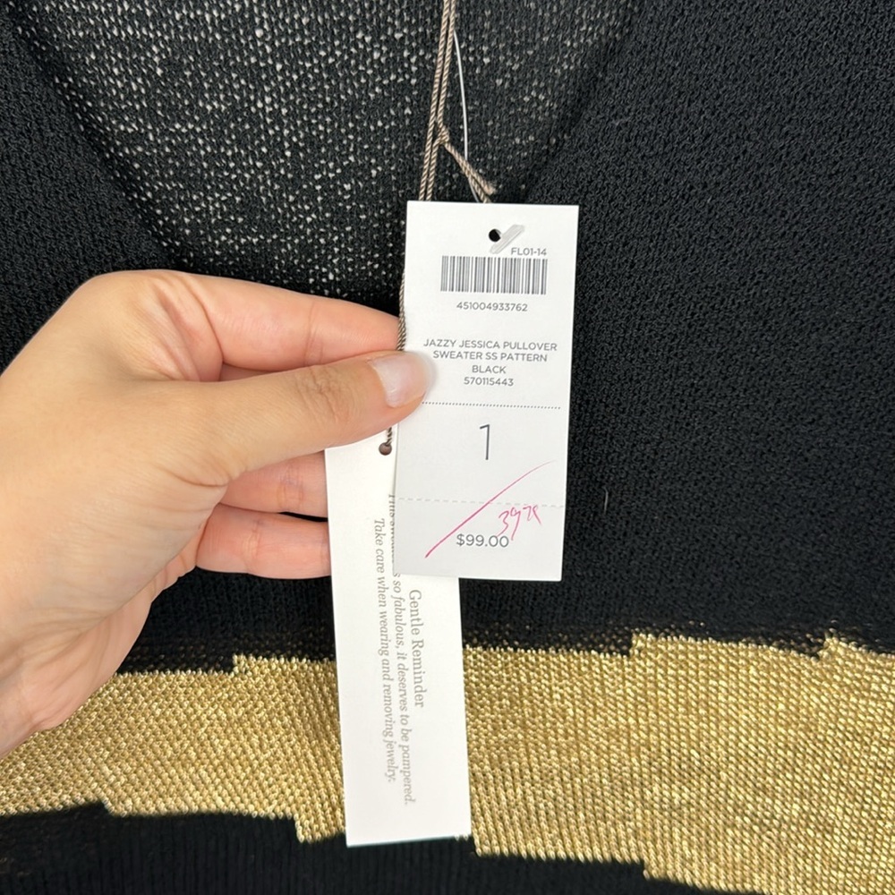 NWT Chicos Jazzy Jessica Pullover Tunic Sweater Gold Shimmer Black Abstract SS - Picture 5 of 8